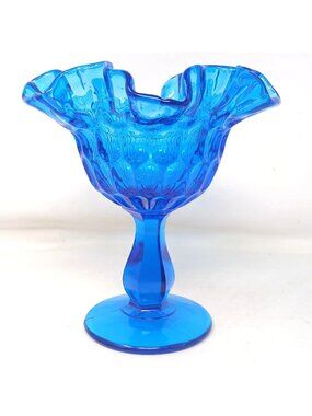Vintage Fenton Colonial Blue Glass Ruffled Edge Pedestal Vase Compote Bowl #W-3